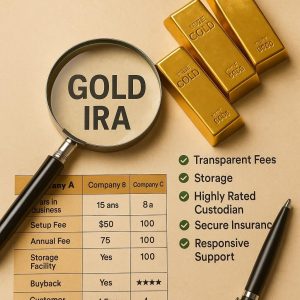 three gold bars, a magnifying glass, and information about a gold ira